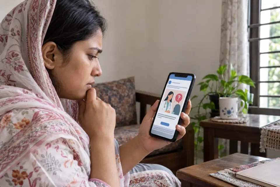 Woman viewing a clinic advertisement on her phone at home Woman viewing a clinic advertisement on her phone at home