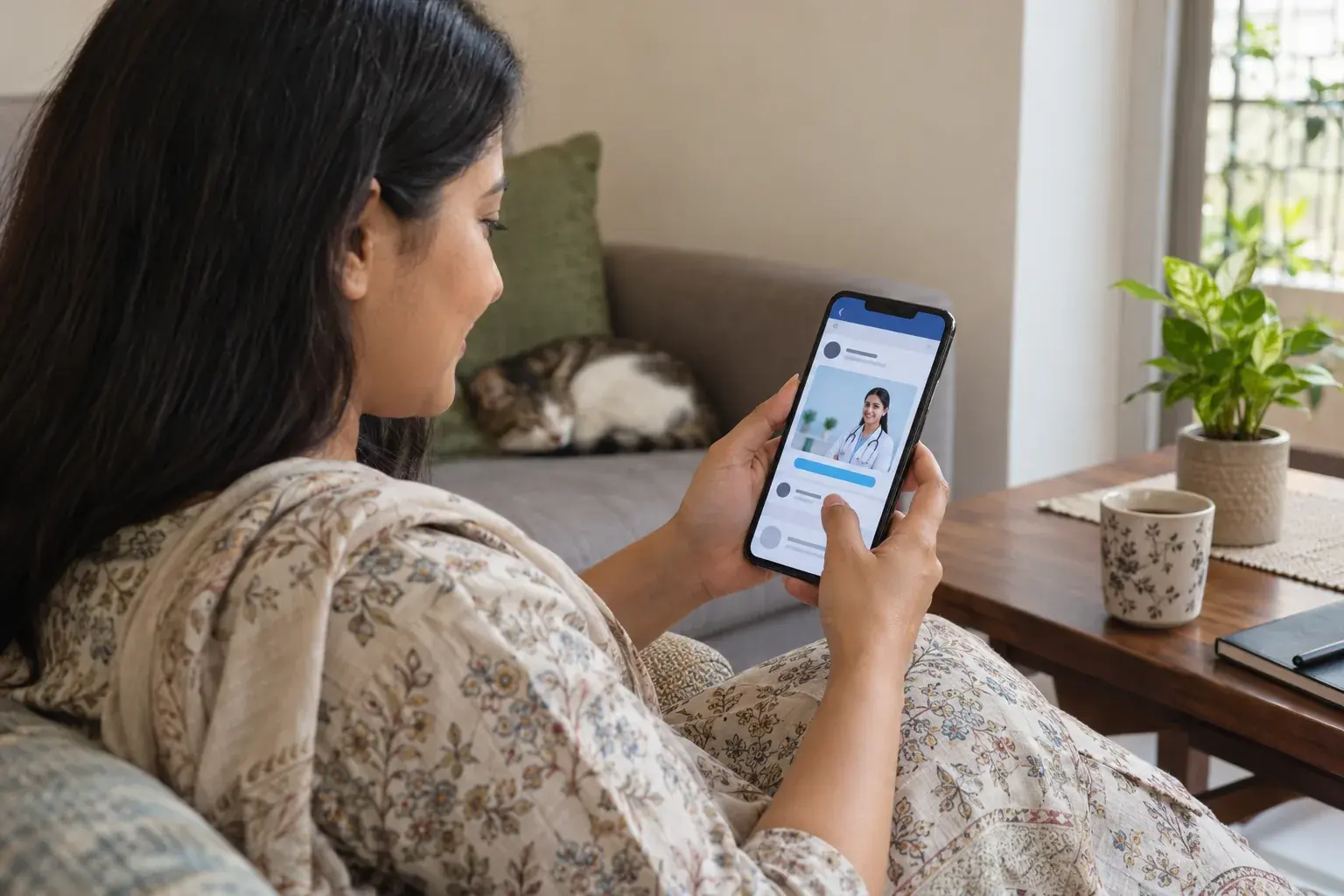 Woman viewing a clinic advertisement on her phone at home Woman viewing a clinic advertisement on her phone at home