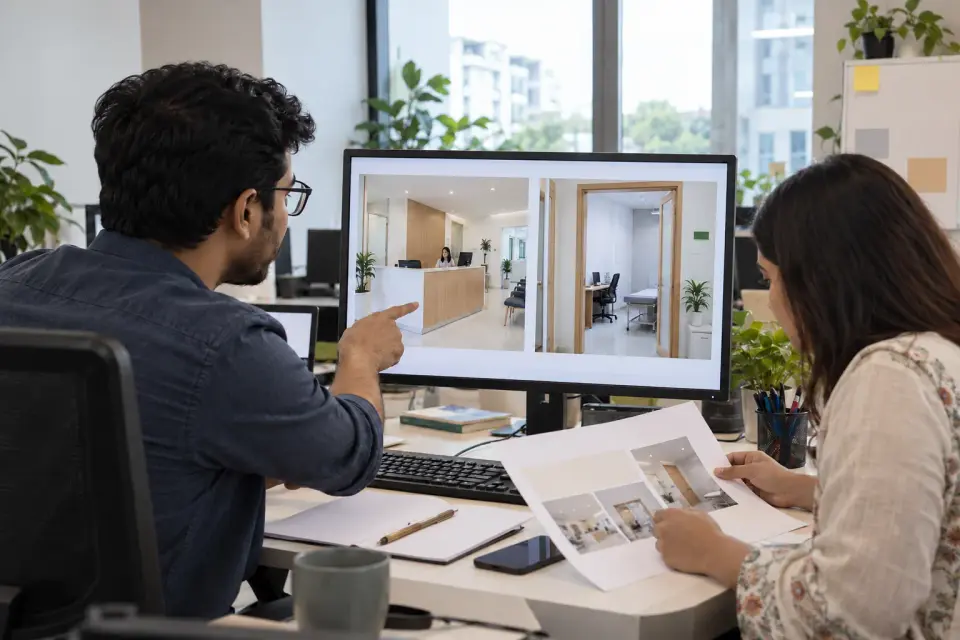 At a digital agency desk, a specialist selects two clinic service-photo variations for an ad concept. At a digital agency desk, a specialist selects two clinic service-photo variations for an ad concept.