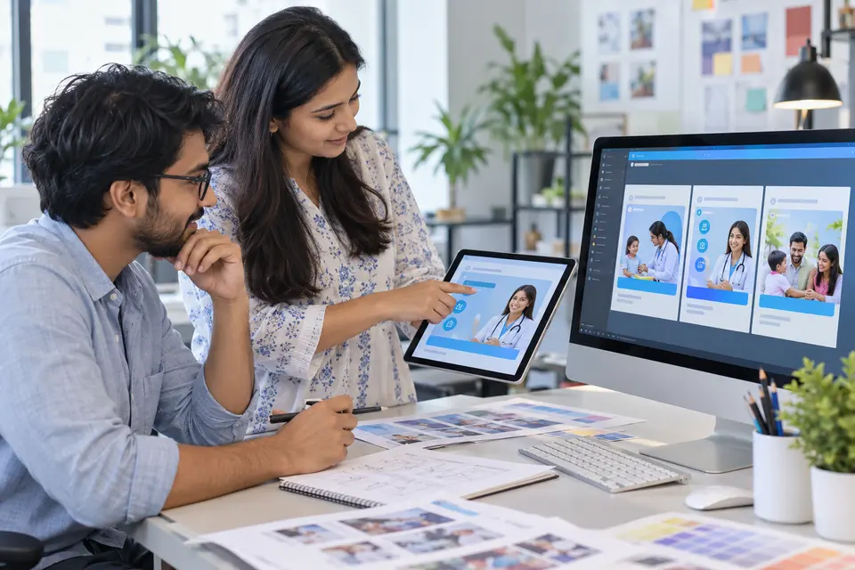 Agency specialists comparing clinic social ad creatives.