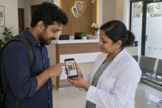 Planning a clinic Facebook campaign Clinic doctor and marketing specialist reviewing an accurate clinic photo for an ad