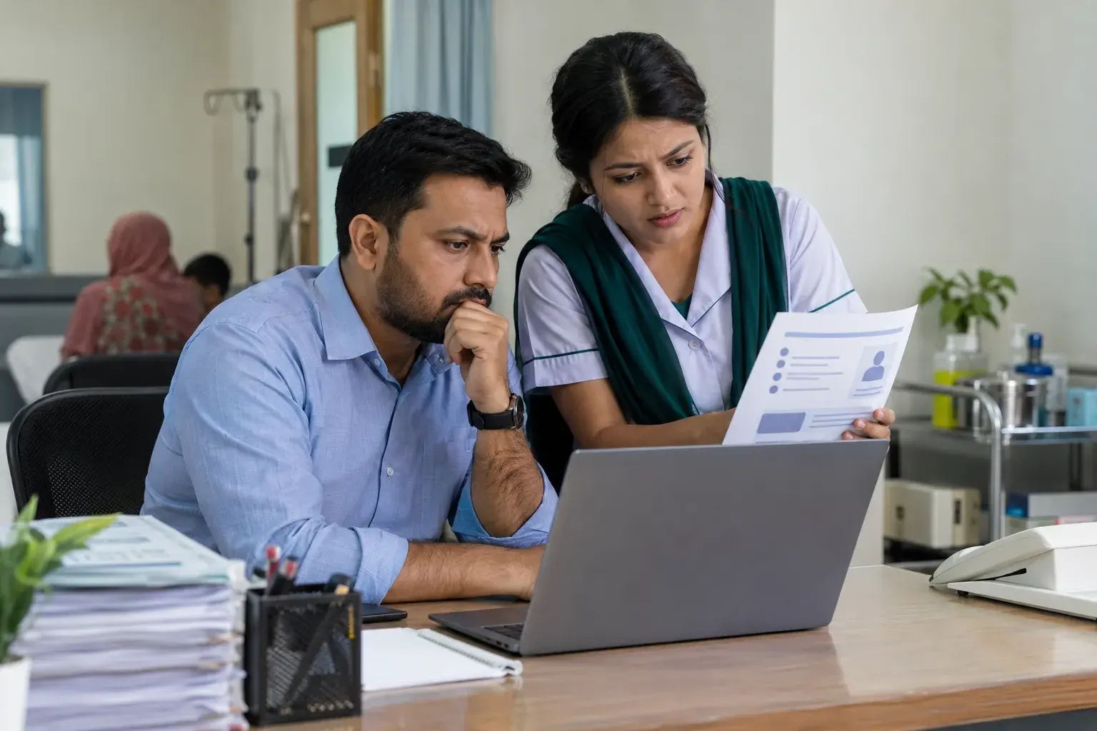 Clinic manager and staff checking a proposed search advertisement Clinic manager and staff checking a proposed search advertisement