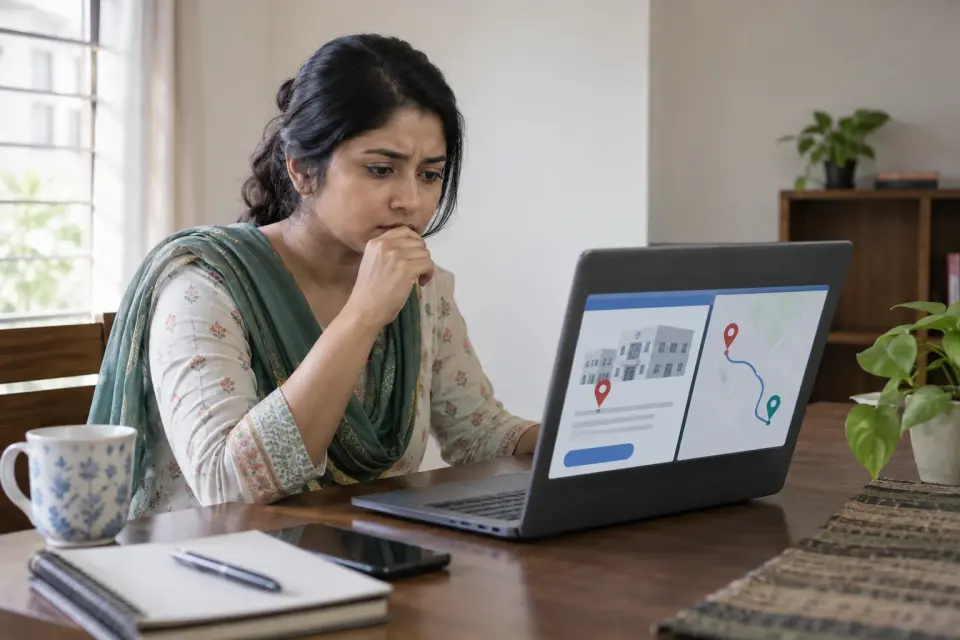 Woman comparing clinic locations on a laptop at home Woman comparing clinic locations on a laptop at home