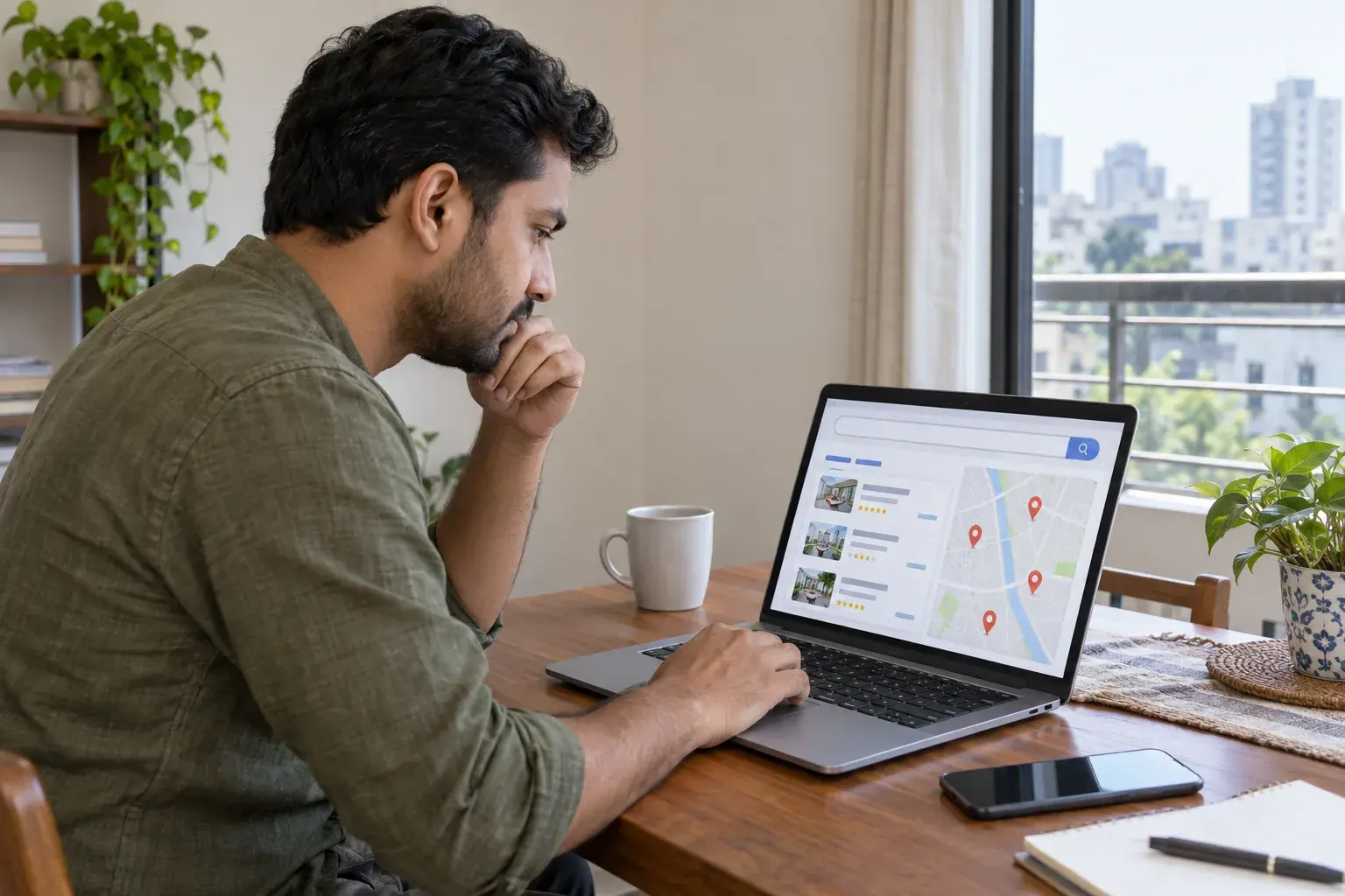 Man reviewing nearby clinics on a laptop at home Man reviewing nearby clinics on a laptop at home