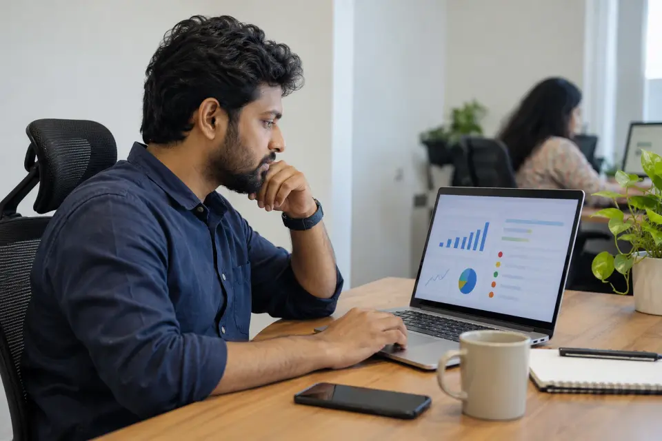 Advertising specialist reviewing an unlabeled clinic campaign report Advertising specialist reviewing an unlabeled clinic campaign report