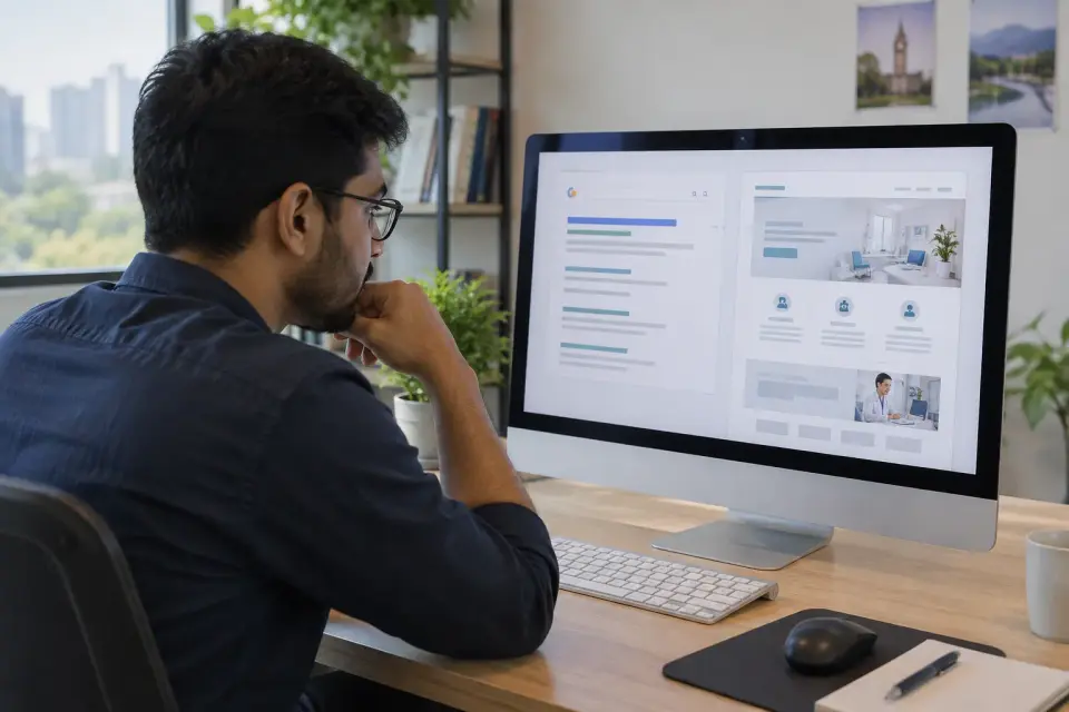 An agency paid-search specialist reviews a clinic ad concept and landing-page wireframe on a desktop. An agency paid-search specialist reviews a clinic ad concept and landing-page wireframe on a desktop.