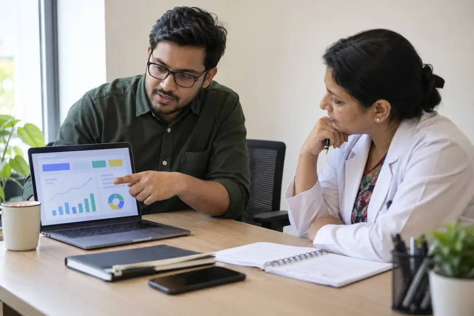 Clinic owner and specialist discussing a search advertising report Clinic owner and specialist discussing a search advertising report