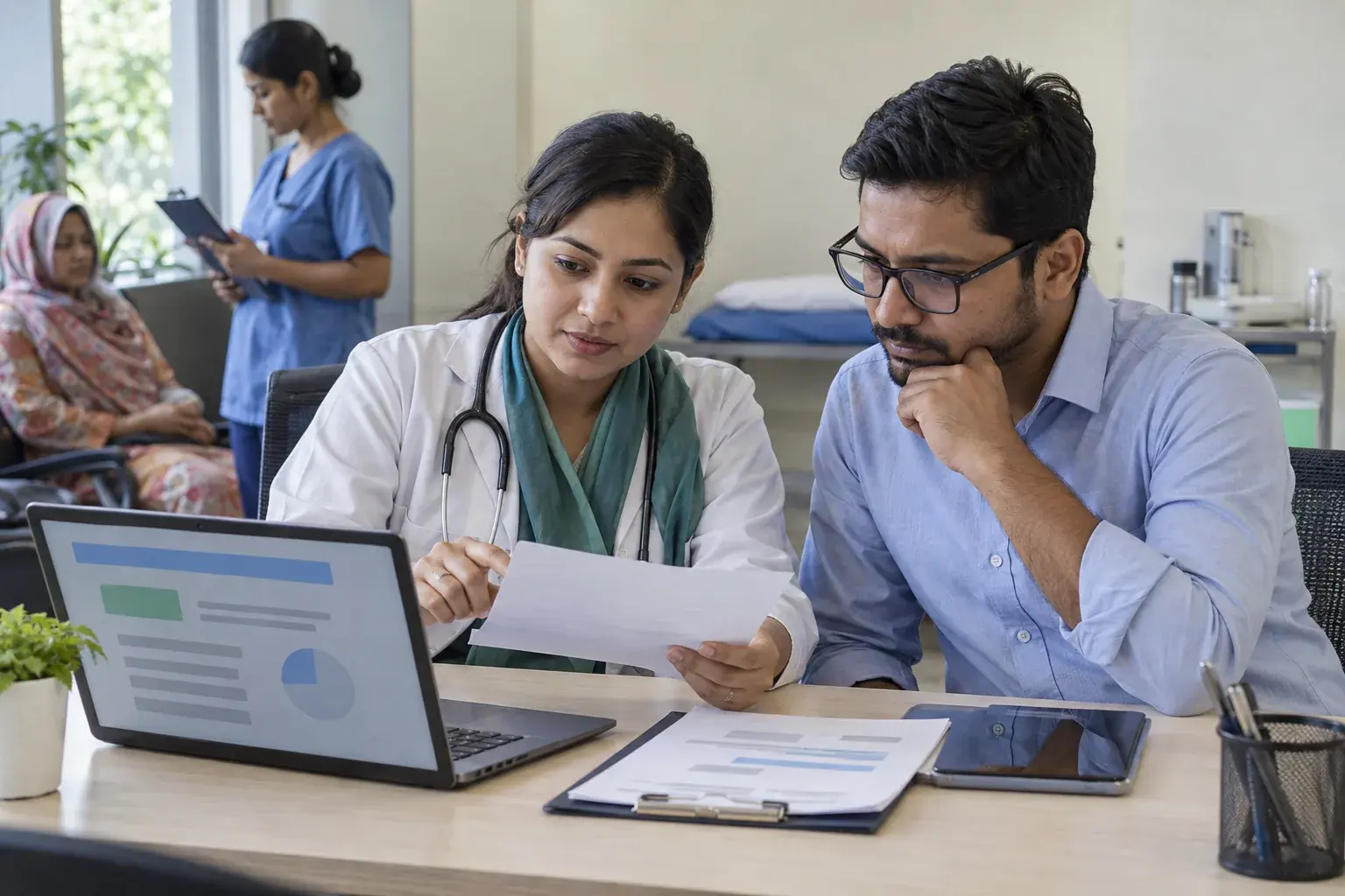 Clinician and manager checking a patient-facing search advertisement Clinician and manager checking a patient-facing search advertisement