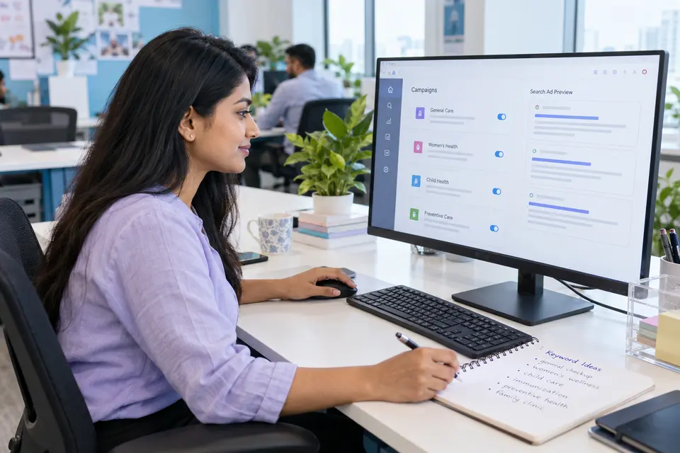 Clinic search-ad setup at an agency workstation.
