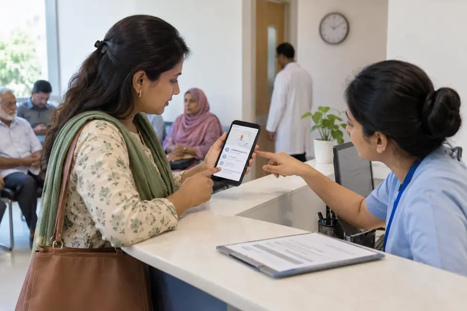 Receptionist helping a visitor check clinic listing details Receptionist helping a visitor check clinic listing details