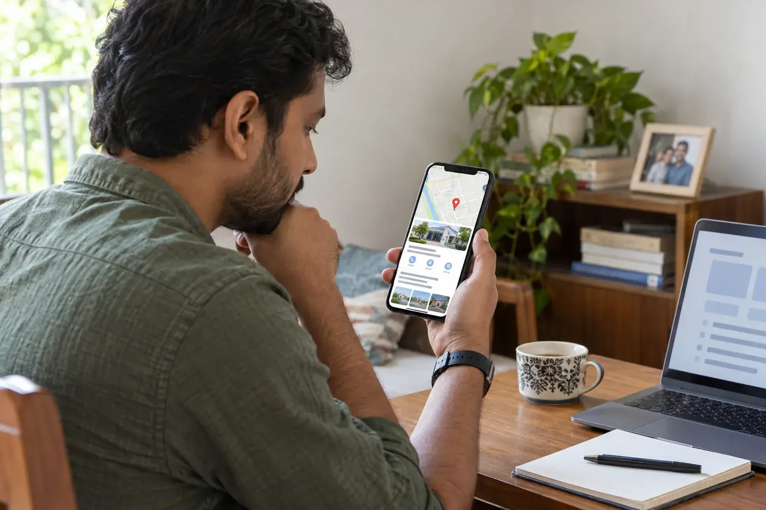 Man checking a clinic location on his phone at home Man checking a clinic location on his phone at home