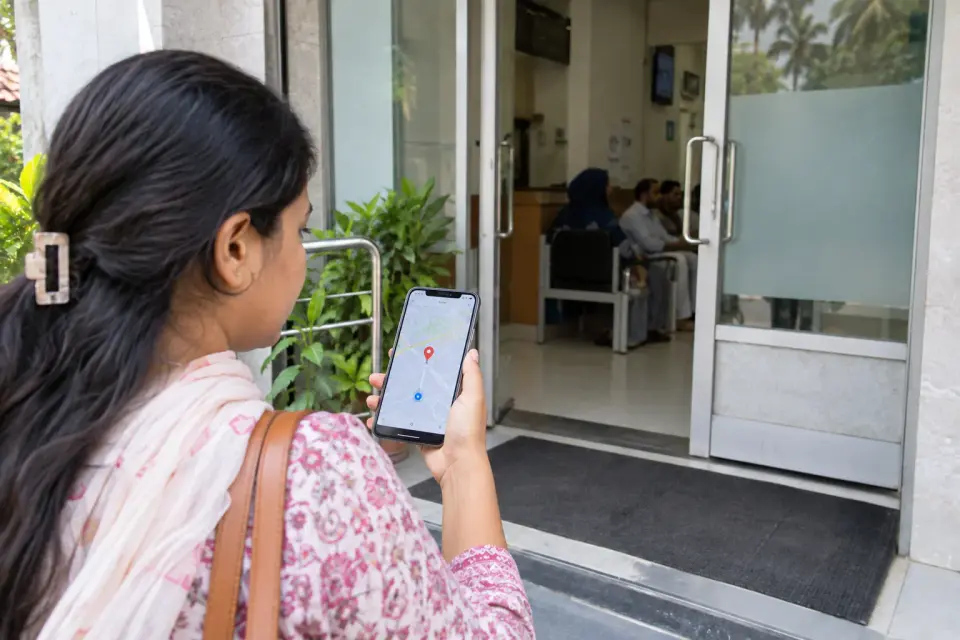 Outside a clinic entrance, a patient checks the visible doorway against a map on a front-facing phone.