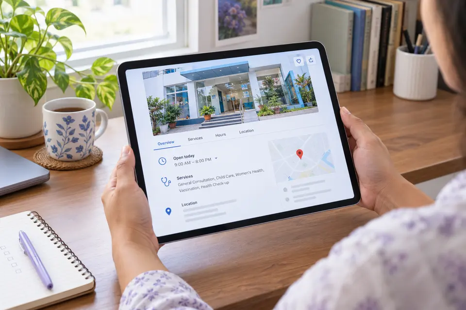 Clinic business profile checked on a tablet at home.