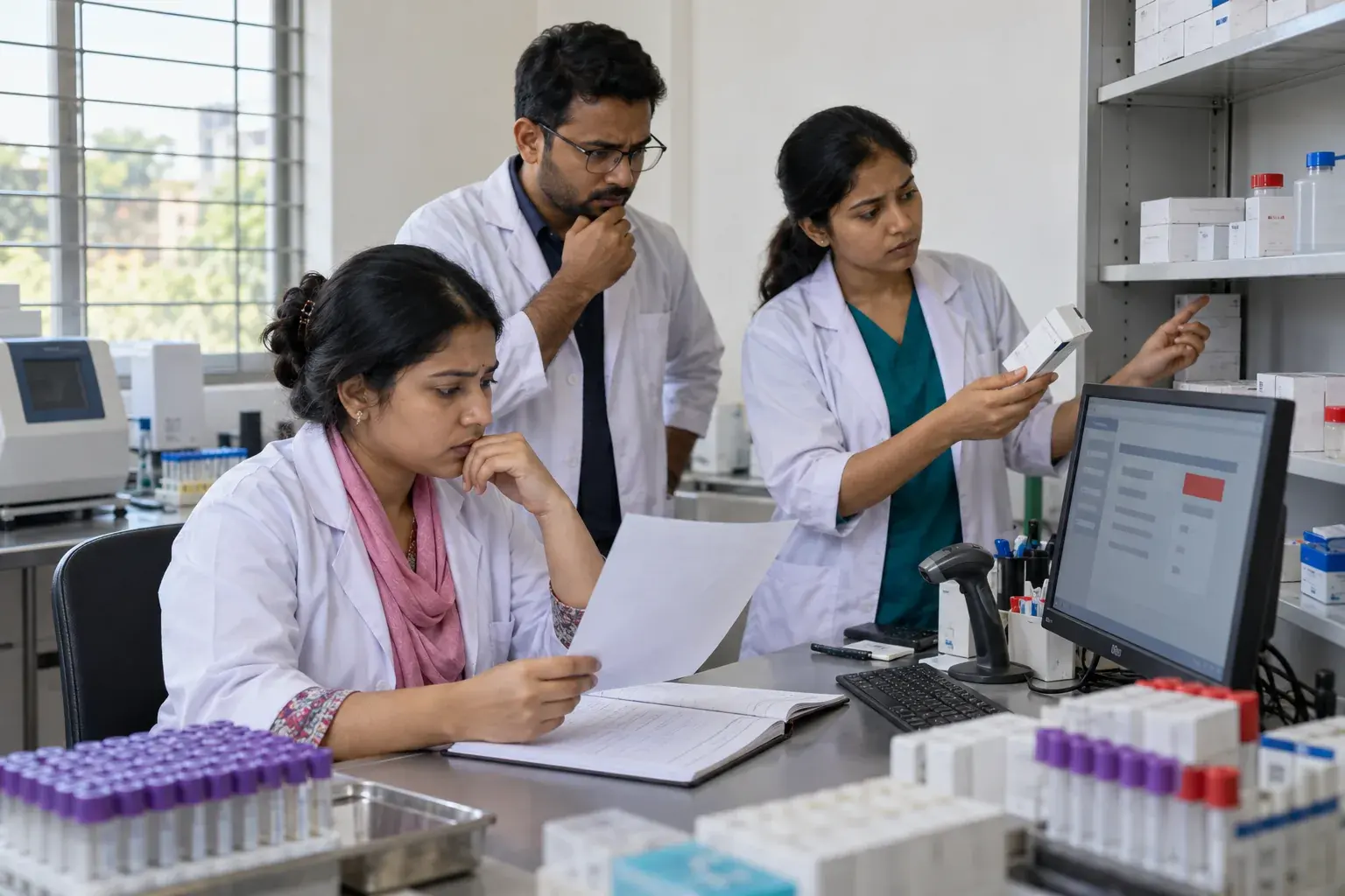 Clinic staff checking medicine stock against paper and computer records