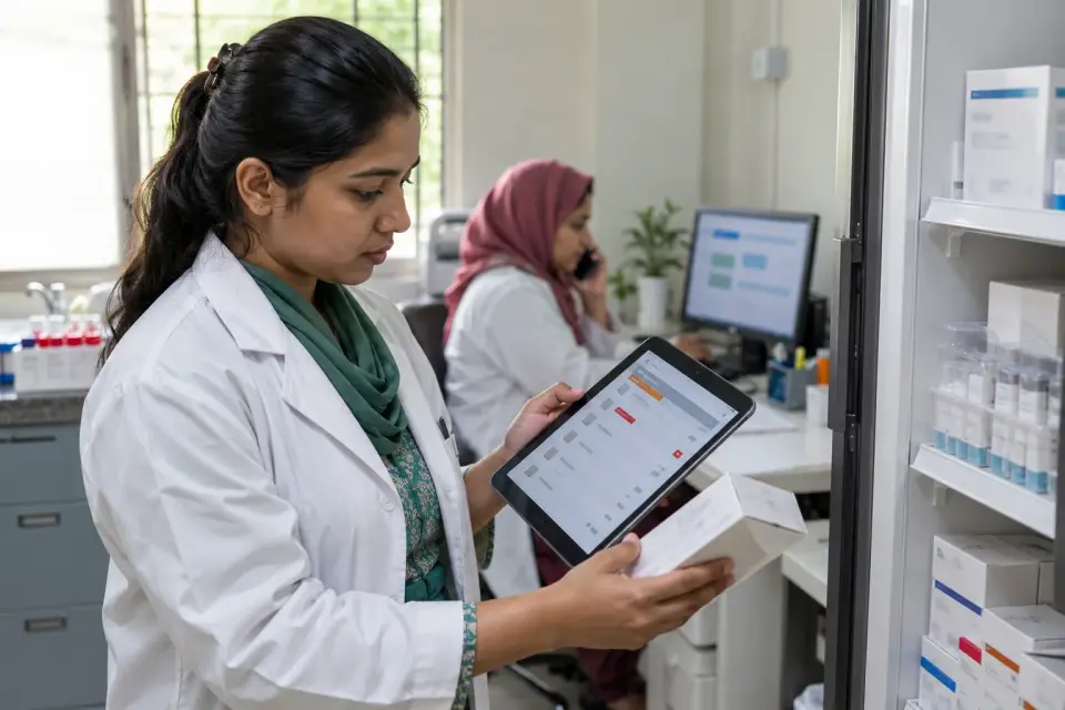 Clinician checking a stock item against an inventory screen