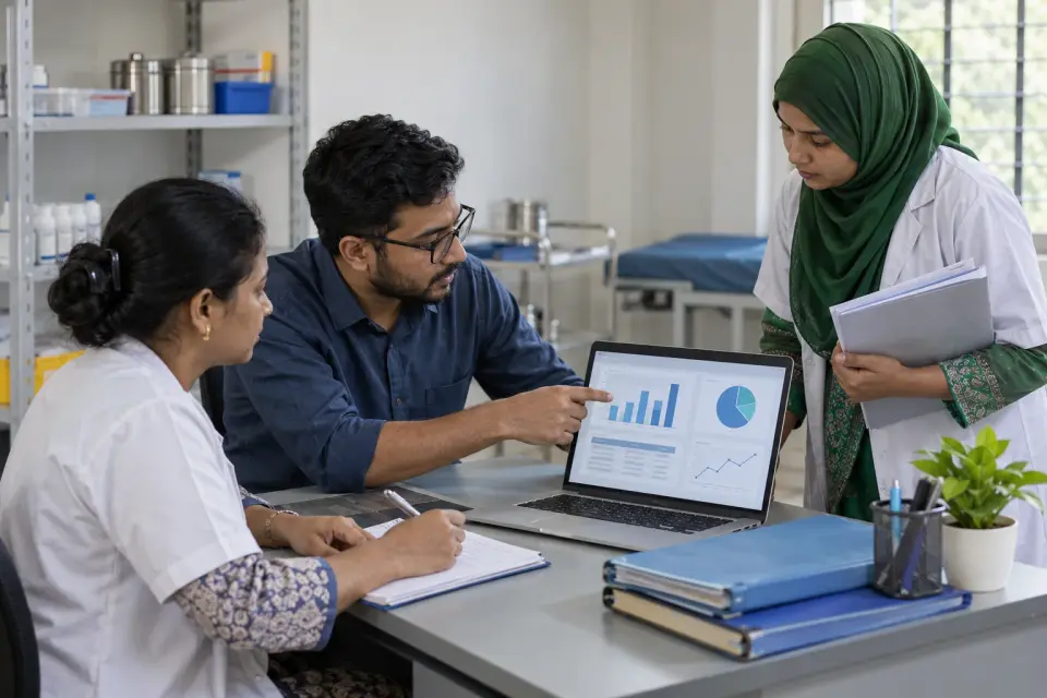 Clinic team reviewing stock records beside supply shelves