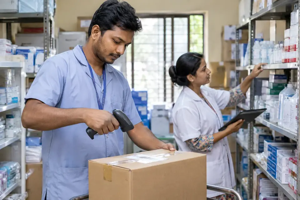 In a clinic supply room, a stock controller scans a sealed supply carton while a colleague checks shelf locations. In a clinic supply room, a stock controller scans a sealed supply carton while a colleague checks shelf locations.