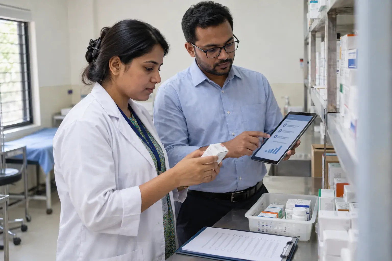 Clinic manager and clinician checking stock items against a tablet