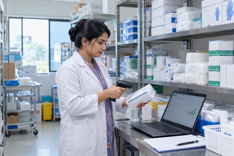 Clinic supply-room stock check with a digital inventory dashboard.