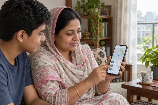Finding a local clinic from home Mother and son comparing nearby clinic locations on a phone at home