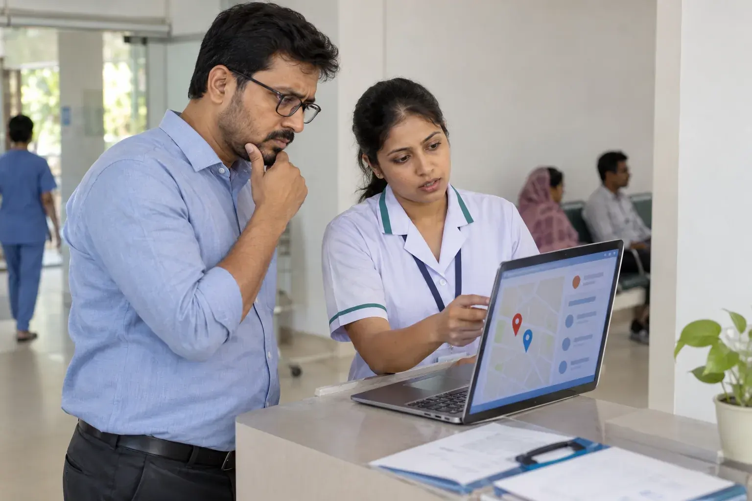 Clinic owner and staff checking location information on a laptop Clinic owner and staff checking location information on a laptop