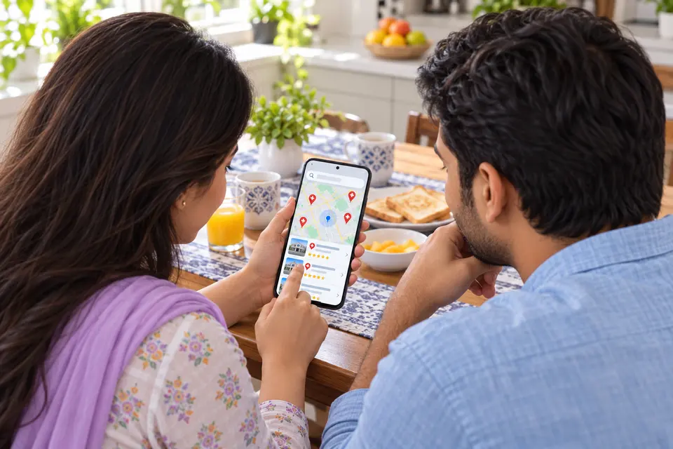 Family checking nearby clinic locations at home.