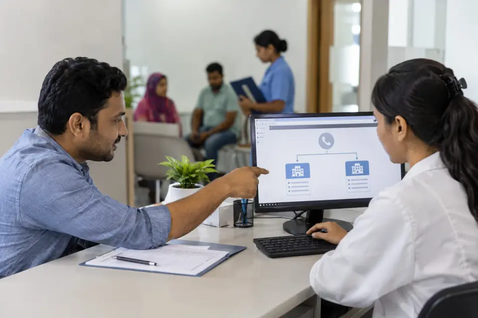 Visitor confirming a clinic location with reception staff Visitor confirming a clinic location with reception staff