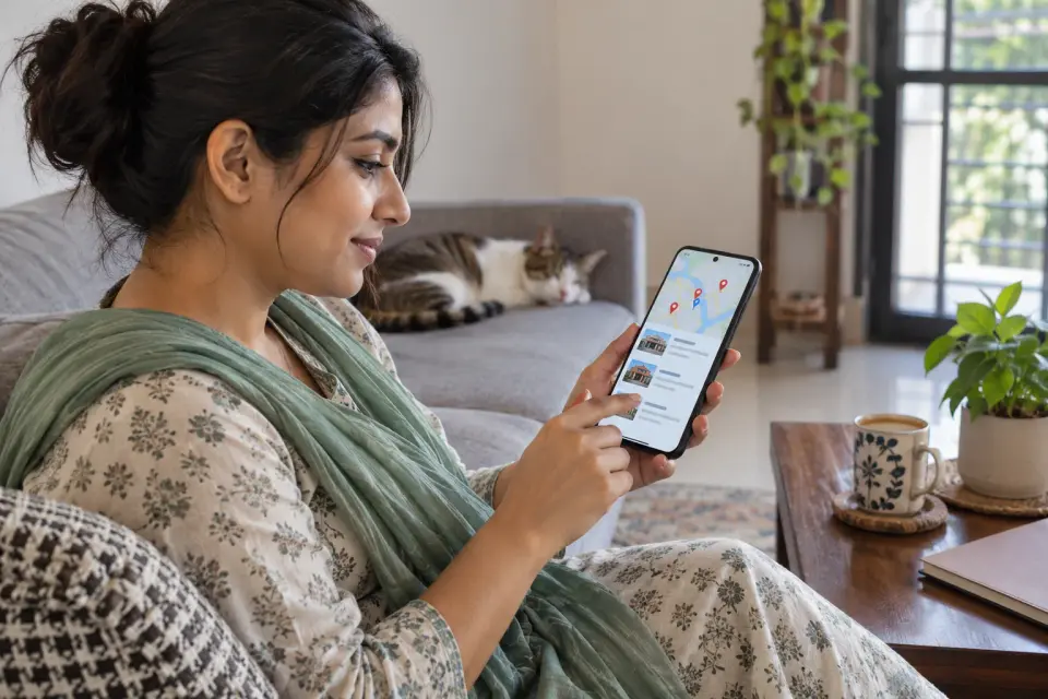 Woman comparing nearby clinic locations on her phone at home. Woman comparing nearby clinic locations on her phone at home.