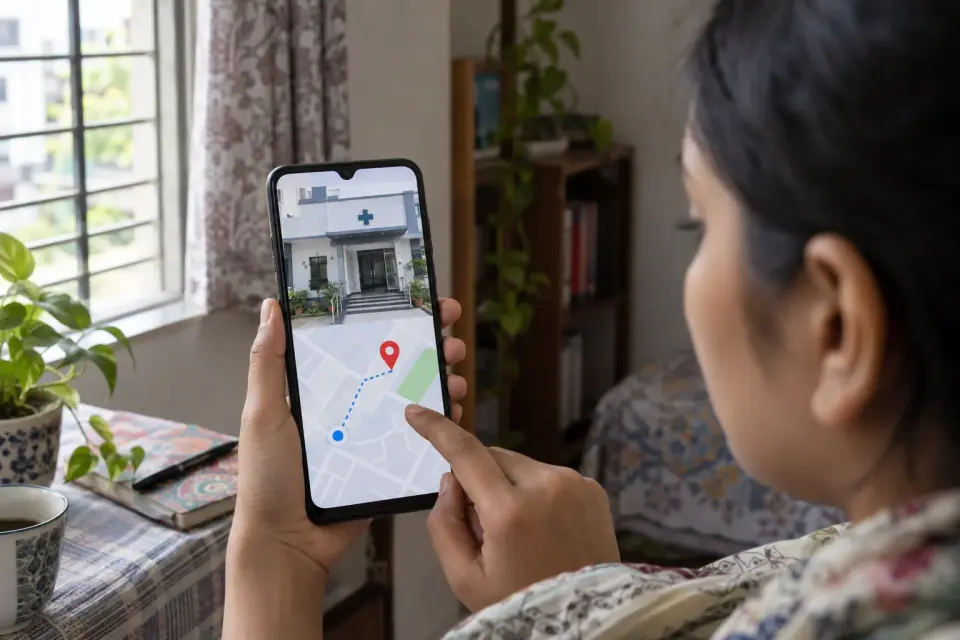 A patient at home checks the correct location and entrance of a nearby clinic on a phone, with a simple map and. A patient at home checks the correct location and entrance of a nearby clinic on a phone, with a simple map and.