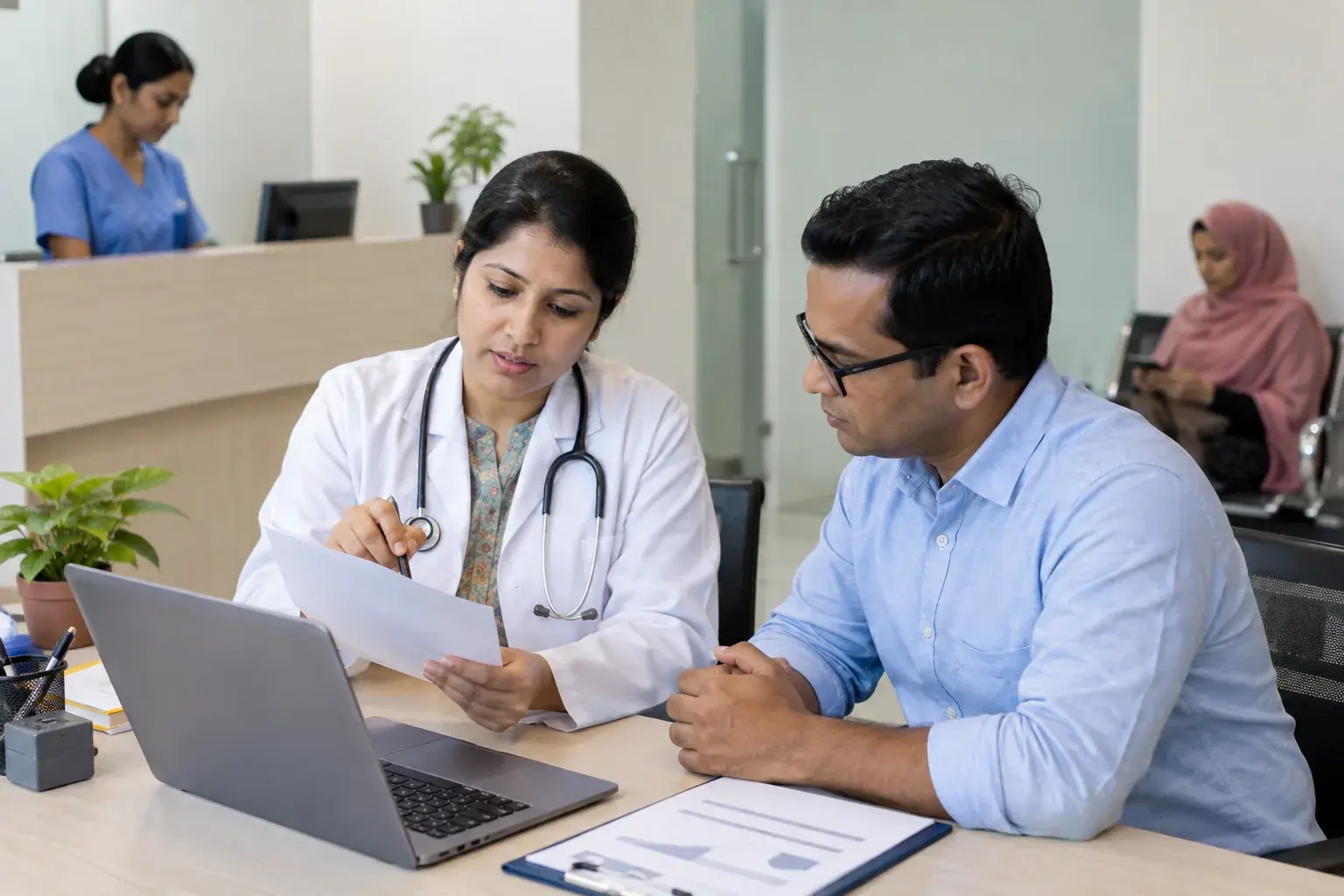 Clinician and manager verifying clinic location details Clinician and manager verifying clinic location details