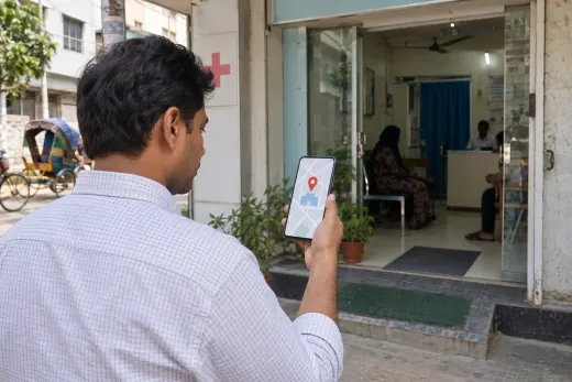 Verifying a clinic location listing Clinic manager checking a map location against the clinic entrance in Bangladesh