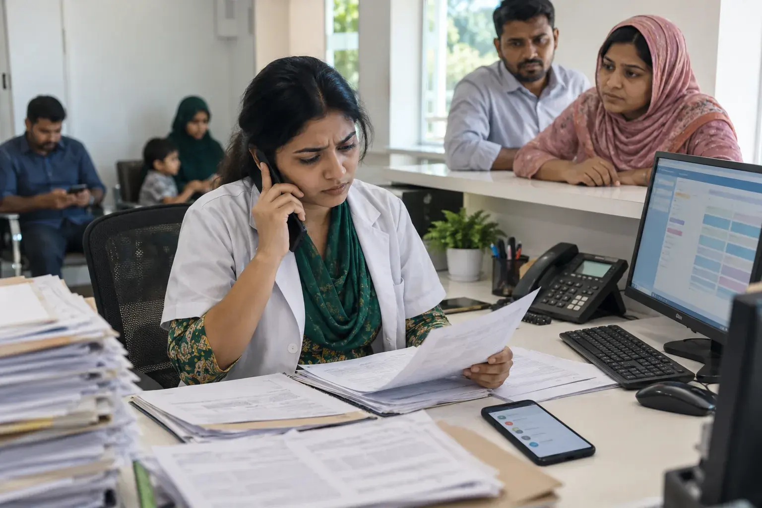 Receptionist reconciling appointment papers and phone calls at a clinic Receptionist reconciling appointment papers and phone calls at a clinic