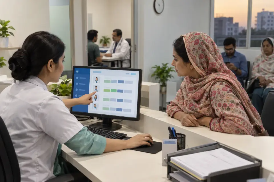 Receptionist showing available appointments to a visitor Receptionist showing available appointments to a visitor