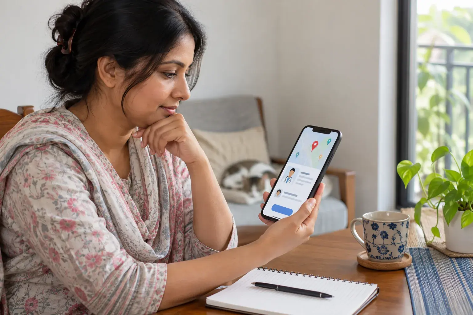Woman checking clinic appointments on a phone at home Woman checking clinic appointments on a phone at home