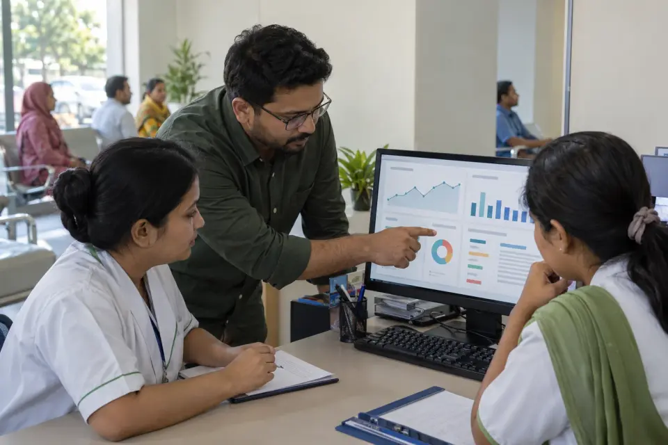 Clinic team reviewing appointment reports on a monitor Clinic team reviewing appointment reports on a monitor