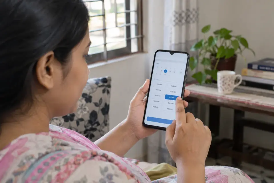 A patient at home selects a clinic appointment time on a smartphone. A patient at home selects a clinic appointment time on a smartphone.