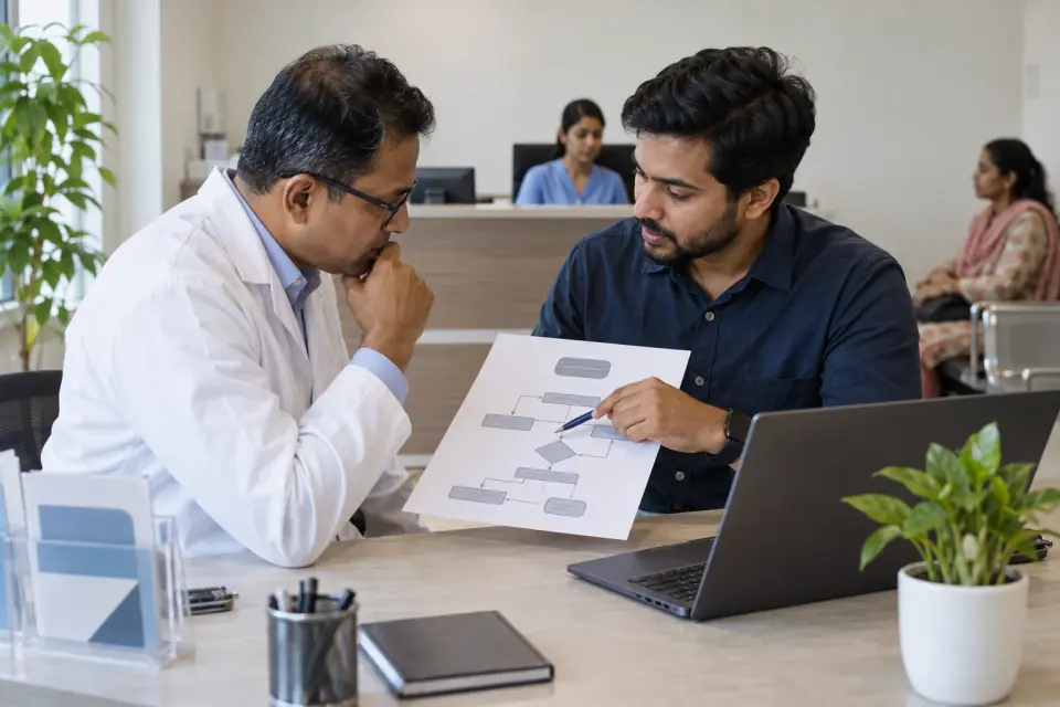 Clinic owner and specialist mapping an online appointment workflow Clinic owner and specialist mapping an online appointment workflow