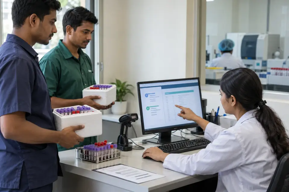 Laboratory staff showing a report status on a front desk screen Laboratory staff showing a report status on a front desk screen