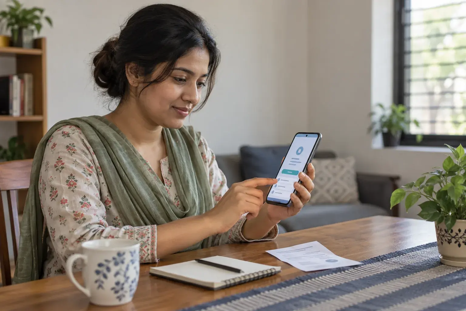 Woman checking a clinic report portal on her phone at home Woman checking a clinic report portal on her phone at home