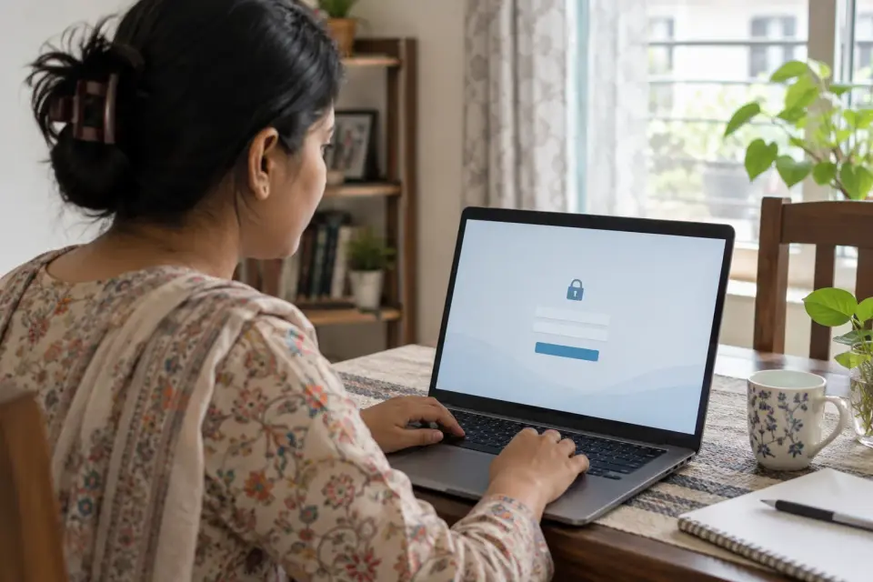 At home, a patient opens a secure clinic report portal on a laptop, with a neutral blurred interface and no medical results or identifying details. At home, a patient opens a secure clinic report portal on a laptop, with a neutral blurred interface and no medical results or identifying details.