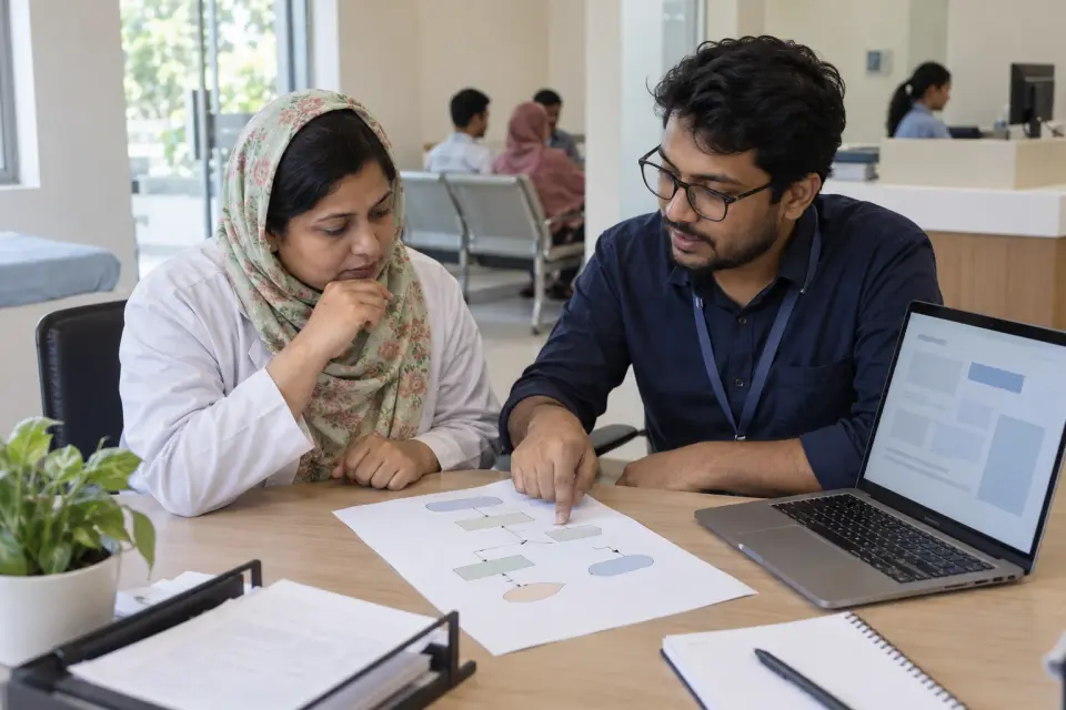 Clinic manager and specialist mapping the report delivery process Clinic manager and specialist mapping the report delivery process