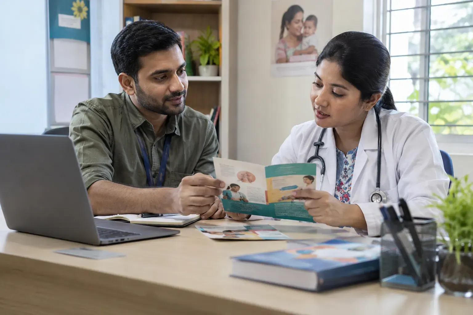 Reviewing clinic service information Clinic doctor reviewing a patient information leaflet with a digital team member
