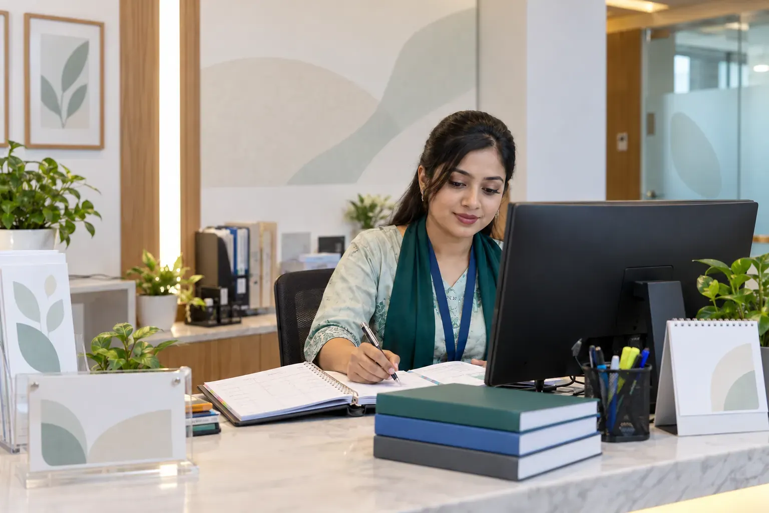 Coordinating clinic appointments Clinic receptionist updating a visiting schedule beside her computer