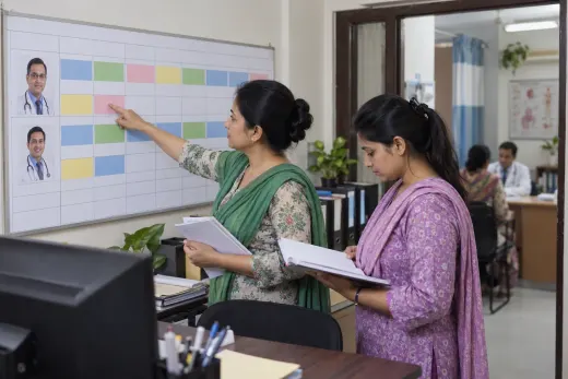 Coordinating clinic doctor schedules Clinic reception staff coordinating doctors’ visiting sessions on a weekly schedule