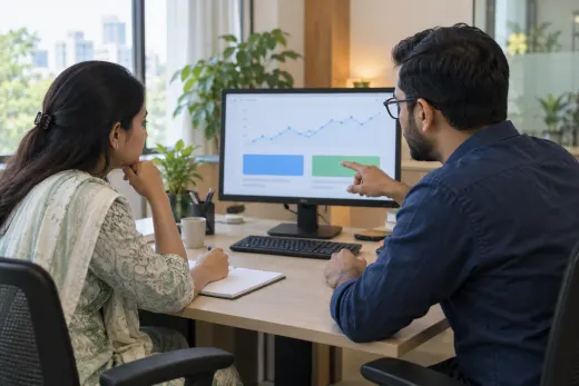 Planning clinic search ads Clinic manager and search specialist reviewing a paid search campaign at an agency