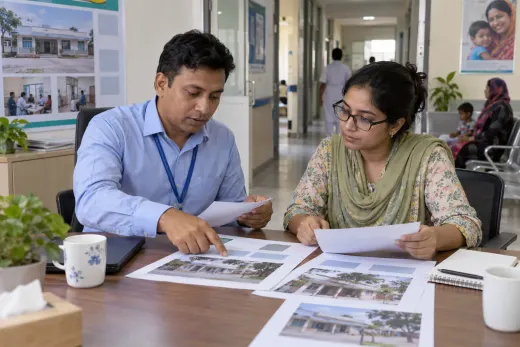 Planning how patients find clinic services Clinic manager and search specialist reviewing service pages in a clinic office