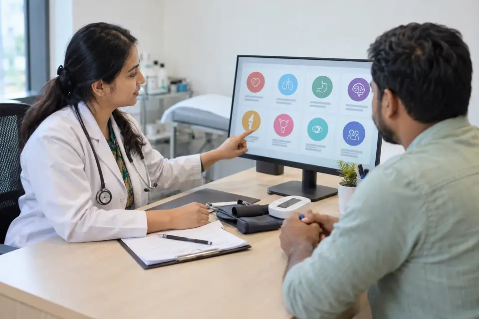 Clinician discussing clinic services with a visitor using a monitor Clinician discussing clinic services with a visitor using a monitor
