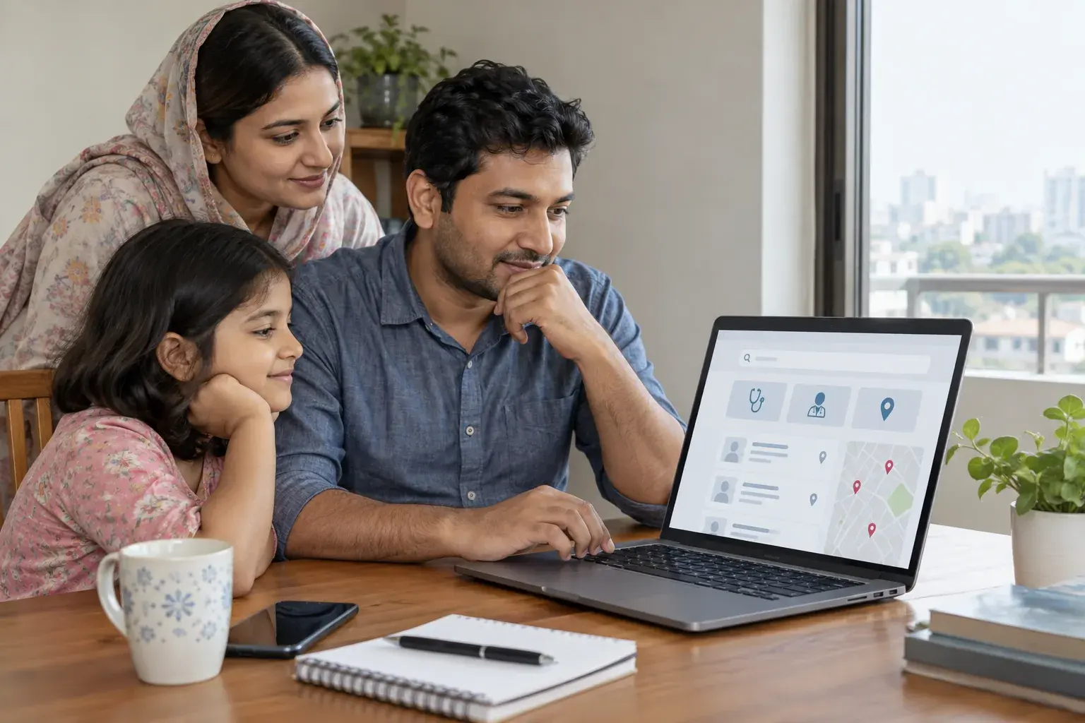 Family reviewing clinic service pages and map locations from home Family reviewing clinic service pages and map locations from home