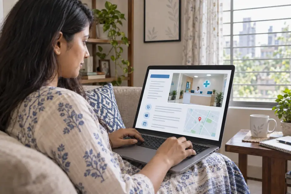 At home in Bangladesh, a prospective patient uses a laptop to compare a clinic's service and location information before deciding whom to contact. At home in Bangladesh, a prospective patient uses a laptop to compare a clinic's service and location information before deciding whom to contact.