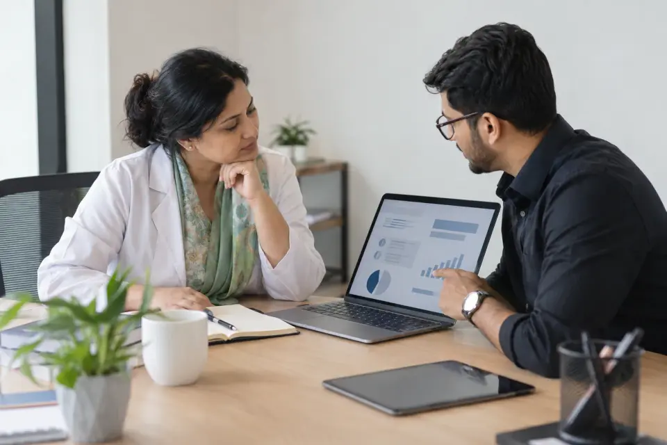 Clinic owner and specialist reviewing an organic search report Clinic owner and specialist reviewing an organic search report